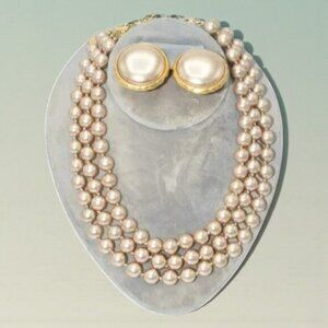 Vintage Richelleu Triple Strand Faux Pearl Necklace & Earring Set